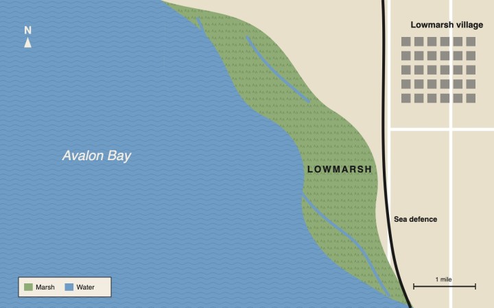 Map of the Lowmarsh wetland in 2026: open water has replaced the seaward half of the marsh, and a sea defence runs along the edge of the village