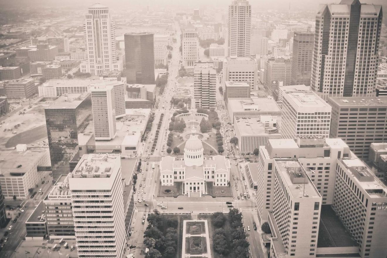 An aerial view of downtown office blocks