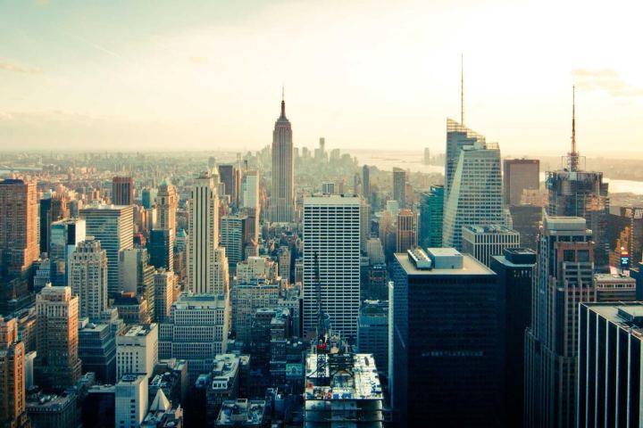 A city skyline at sunset